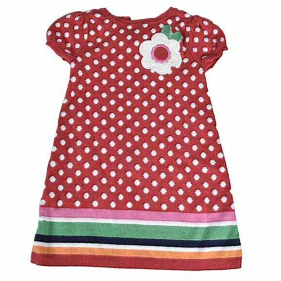 Gymboree Sweater Dress‎ Short Sleeve Polka Dot Floral Stripes Red White  12-18M - Picture 1 of 5